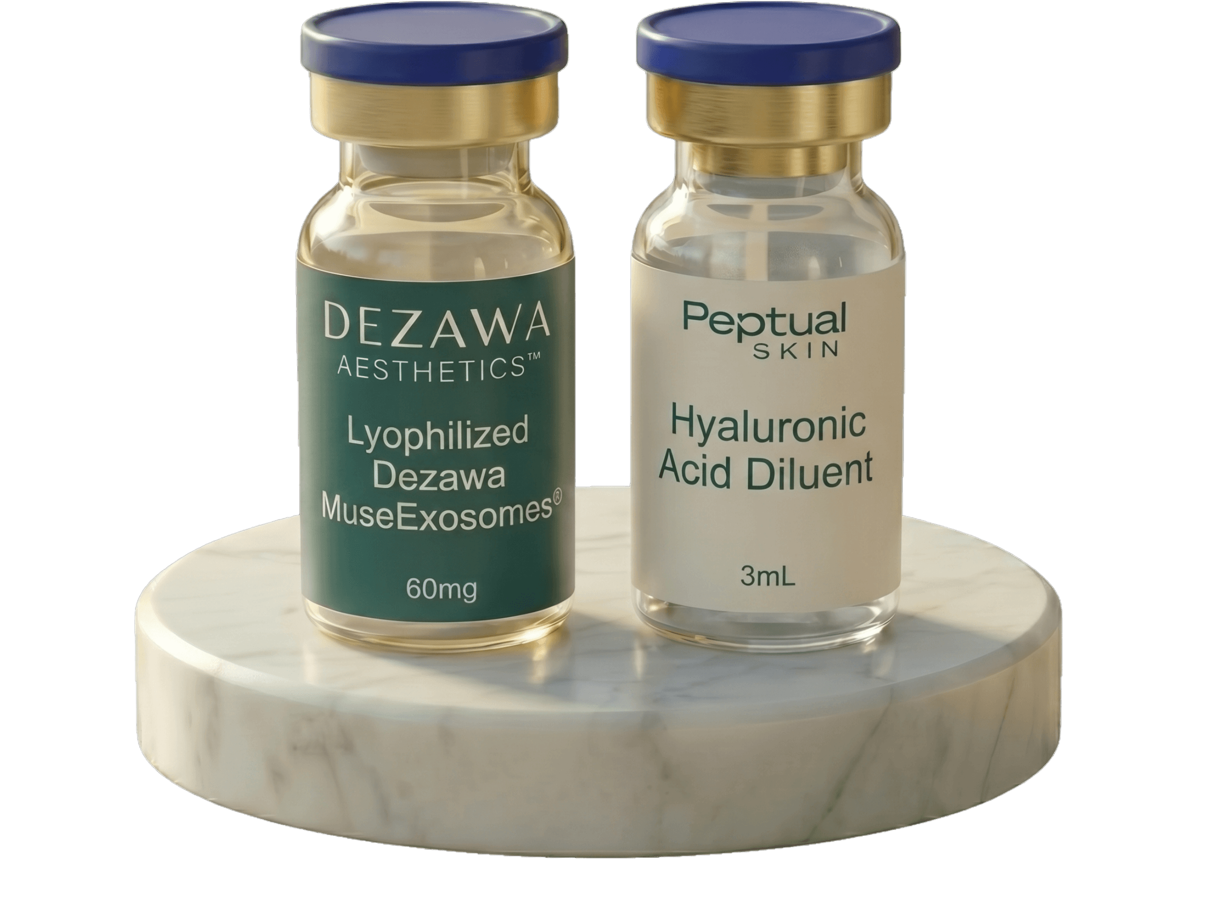 Peptual Skin × Dezawa Aesthetics kit — Lyophilized MuseExosomes® and Hyaluronic Acid Diluent vials on a marble plinth